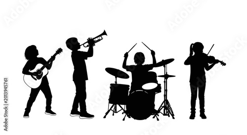 Schilderij op canvas Silhouettes of children playing various musical instruments in a band
