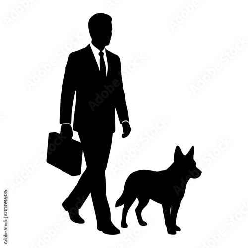 Man in suit walking with dog silhouette