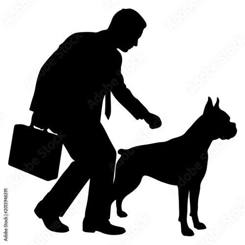 Man walking dog with briefcase silhouette
