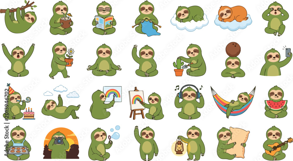 Fototapeta premium Cute Sloth Tropical Cartoon Set – Kawaii Relaxing Animal Clipart Vector