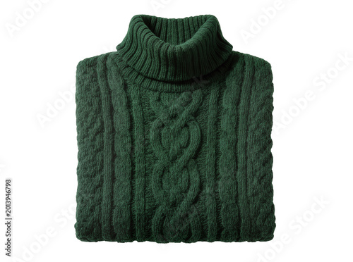 Fotografía Isolated dark green folded chunky cable knit turtleneck sweater ready for winter