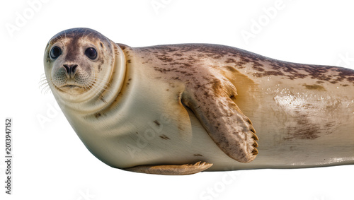 Isolated cute spotted harbor seal looking straight ahead, curious marine mammal animal portrait