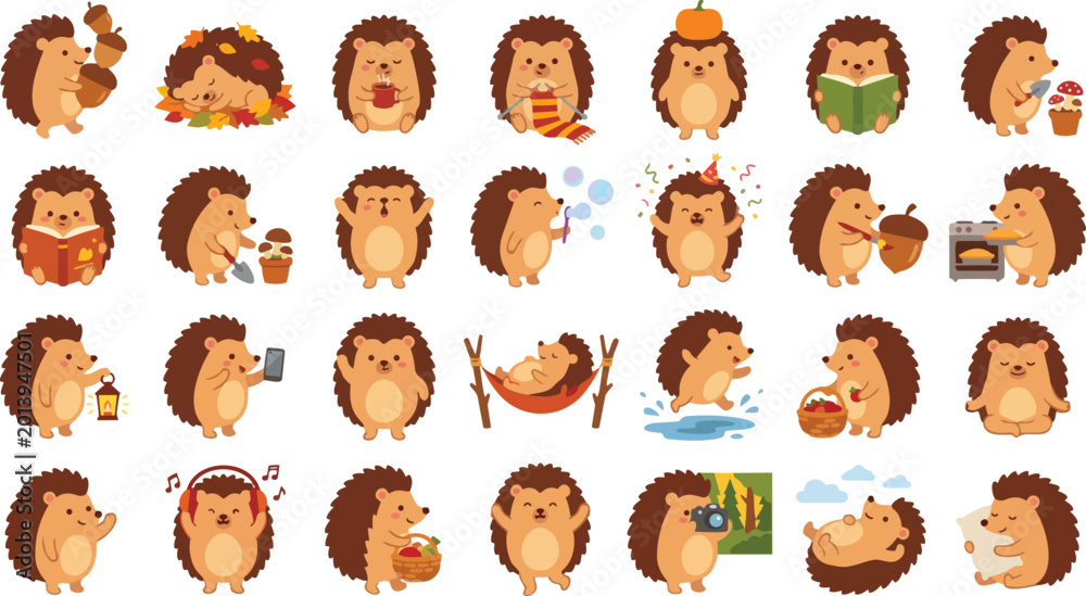 Obraz premium Cute Hedgehog Autumn Cartoon Set – Kawaii Forest Clipart Bundle Vector
