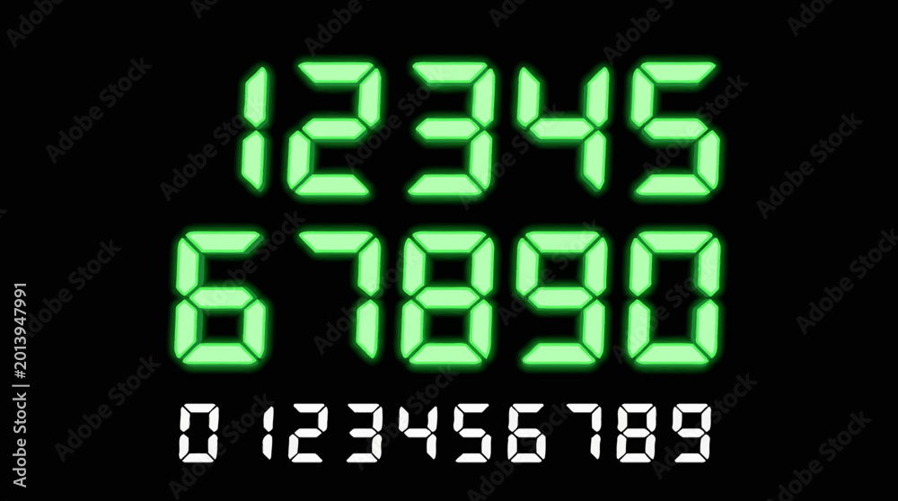 Fototapeta premium Close-up of green and white LED numeric display on black background