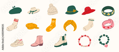 Shoe, Hat and Bracelet Set. Stylized Nostalgic Cartoon Retro Style Element. Vintage 90s Hipster Symbol. Fashionable Footwear Funny Element for Modern Poster Design