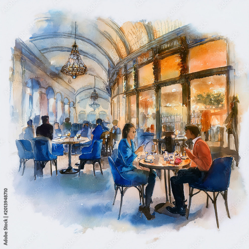 Fototapeta premium bistro, table, café, chaise, rue, bar, intérieur, diners, aliment, vide, ville, mobilier, dîner, restaurent, brasserie, paris, Europe, aquarelle, illustration, conception, vieux, salle, architecture, 