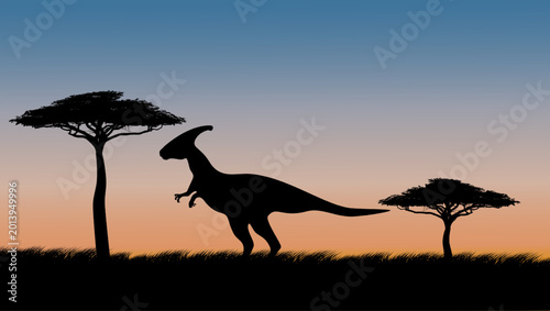 Fotografija Saurolophus on safari at sunset, color vector illustration