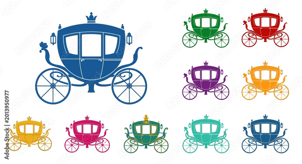Naklejka premium Collection of Colorful Royal Carriages, Fantasy Horse-Drawn Transport Icons