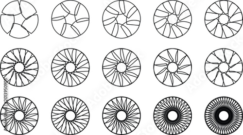 Photos Fifteen circular abstract geometric patterns with increasing complexity and radi
