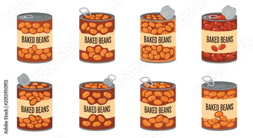 Tableau sur toile Collection of Baked Beans Cans, Variety of Labels, Isolated on White Background