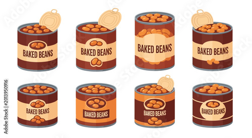 Foto Collection of Baked Beans Cans, Open and Closed, Isolated on White Background, F