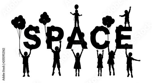 Fotografija Silhouette of children holding up the word space.