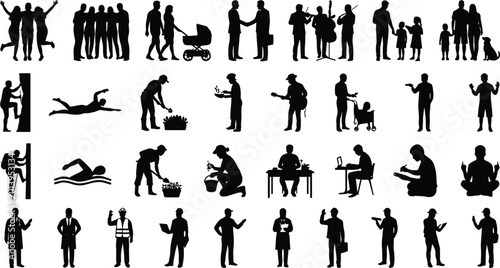 Quadro em tela Silhouettes of people celebrating, shaking hands, pushing stroller, musicians, f