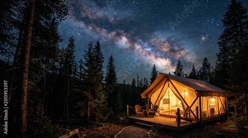 A tent glows warmly against a starlit sky, inviting peace and adventure. It is nestled amongst tall trees, offering a cozy retreat