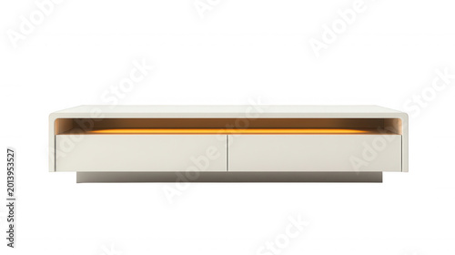 Modern minimalist tv stand design featuring glowing open shelf illumination and storage drawers on transparent background
