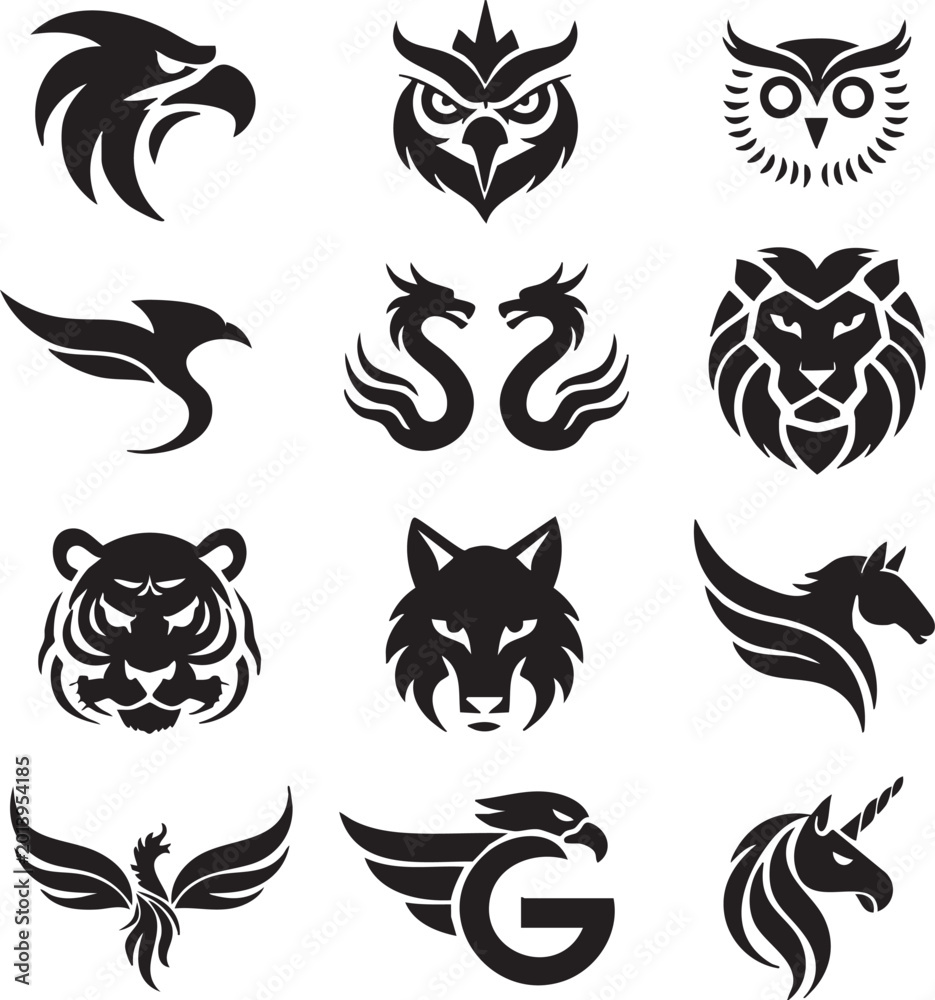 Obraz premium Collection of animal and bird logos on white background