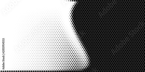 A dynamic abstract background featuring a halftone dot pattern with a gradient transition from dense black dots to sparse white space, creating a modern and graphic design element.
