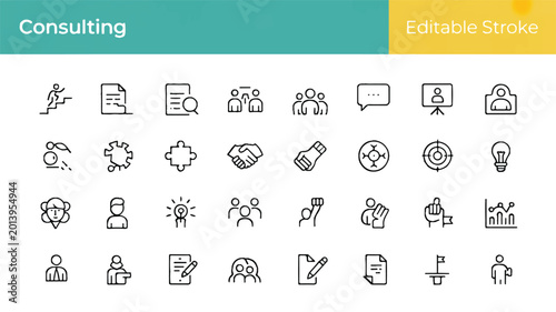 A comprehensive collection of 30 minimalist line art icons for consulting, business strategy, teamwork, and growth, perfect for modern presentations and web interfaces