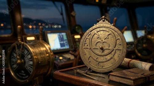 Antique astrolabe with navigation tools on ship bridge at night