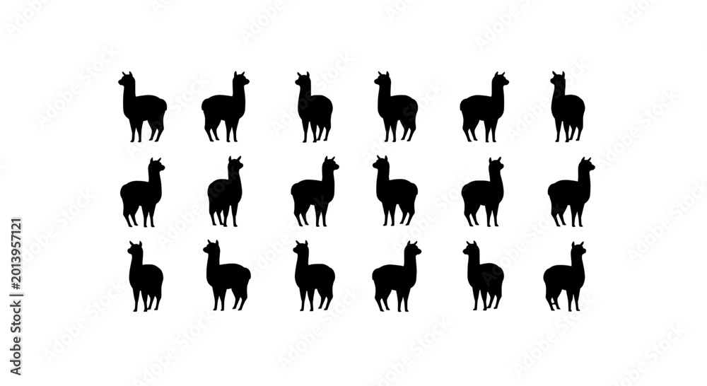Fototapeta premium Llama silhouettes pattern icon set with small repeating figures for minimal monochrome textile and branding designs