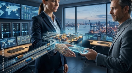 Business people interacting with global logistics hologram