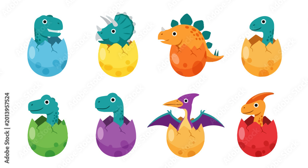 Fototapeta premium Cute Baby Dinosaurs Hatching from Colorful Eggs, Set of 8 Cartoon Characters
