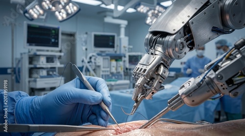 Robotic arm and surgeon performing surgery
