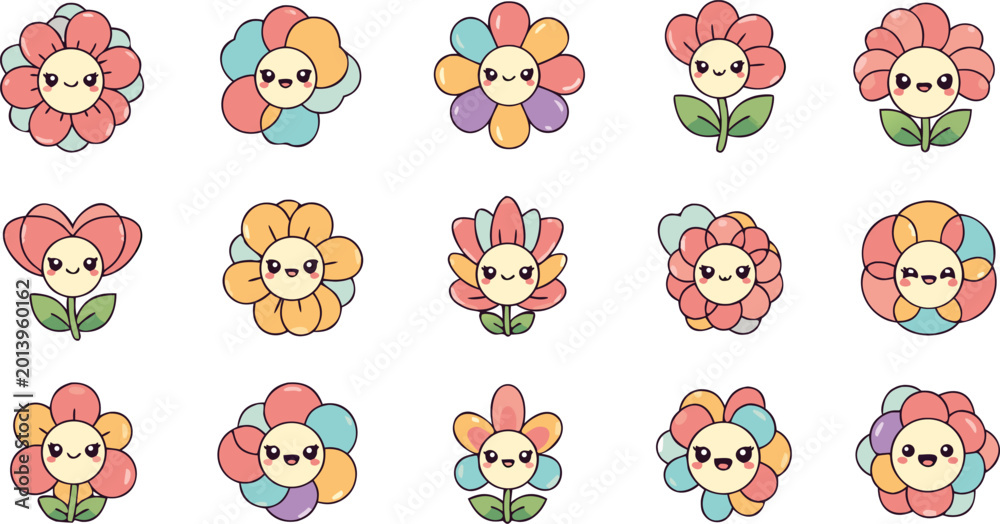 Obraz premium Variety of cartoon flower girls with different hairstyles and flowers