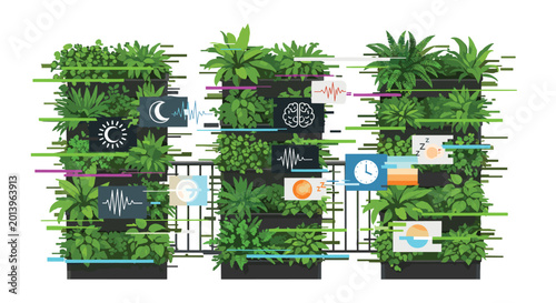 A vertical garden installation features diverse lush green foliage decorated with fragmented digital interface icons on a stark white studio background with light colors.