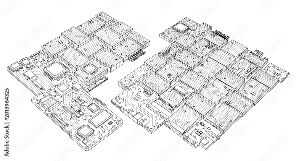 Fototapeta premium Two complex isometric printed circuit boards are rendered in a detailed monochrome line art style against a clean and isolated white background environment setting.