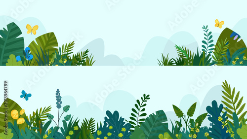 lush meadow landscape with tropical leaves and butterflies vibrant vector illustration with a light blue background high quality