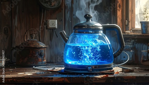 Modern Glass Electric Kettle With Glowing Blue Boiling Water And Steam In A Rustic Wooden Kitchen Interior 3d Digital Illustration