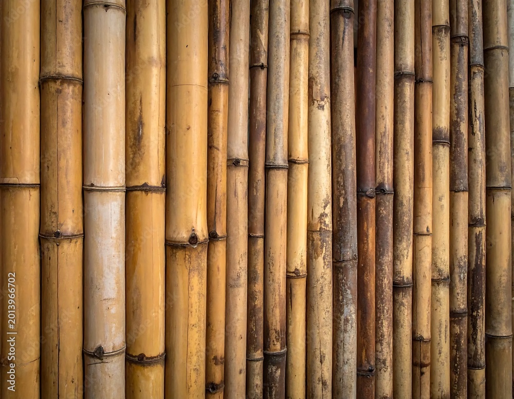 Naklejka premium Natural Weathered Bamboo Poles Wall Texture Backdrop With Vertical Yellow And Brown Stems Showing Organic Nodes And Rustic Aging In Side Lighting