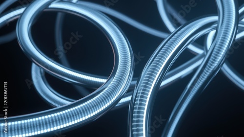 Abstract metallic curves, cool blue tones, smooth surfaces. Complex interwoven shapes suggest futuristic design, technology. Minimalist composition.