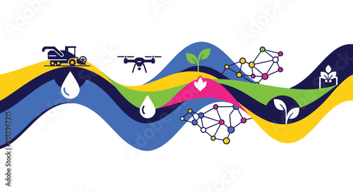 A stylized agricultural technology graphic features a combine harvester and a drone moving above layered colorful ribbons and digital data network nodes on white background.