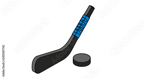 Photography Ice Hockey Stick with Blue Tape and Puck Illustration