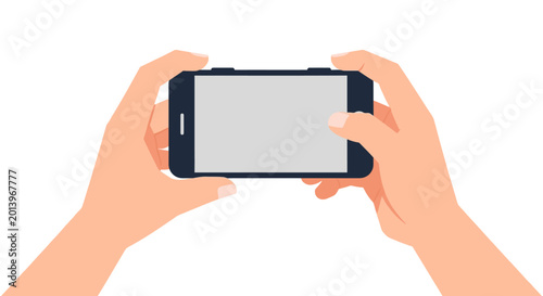 Foto Hands Holding Smartphone in Landscape Orientation on White Background