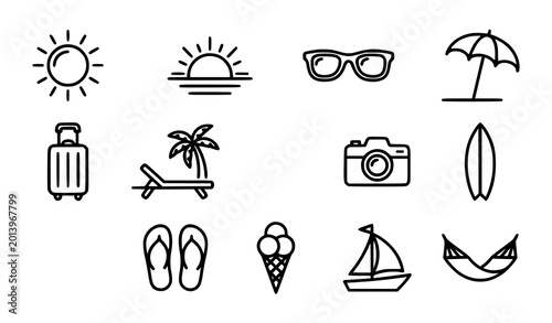 Fotografi Black line icons for summer vacation and travel