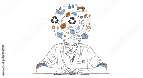 A line art portrait of a focused student sketching in a notebook with a conceptual cloud of sustainable fashion and recycling icons floating above their head.