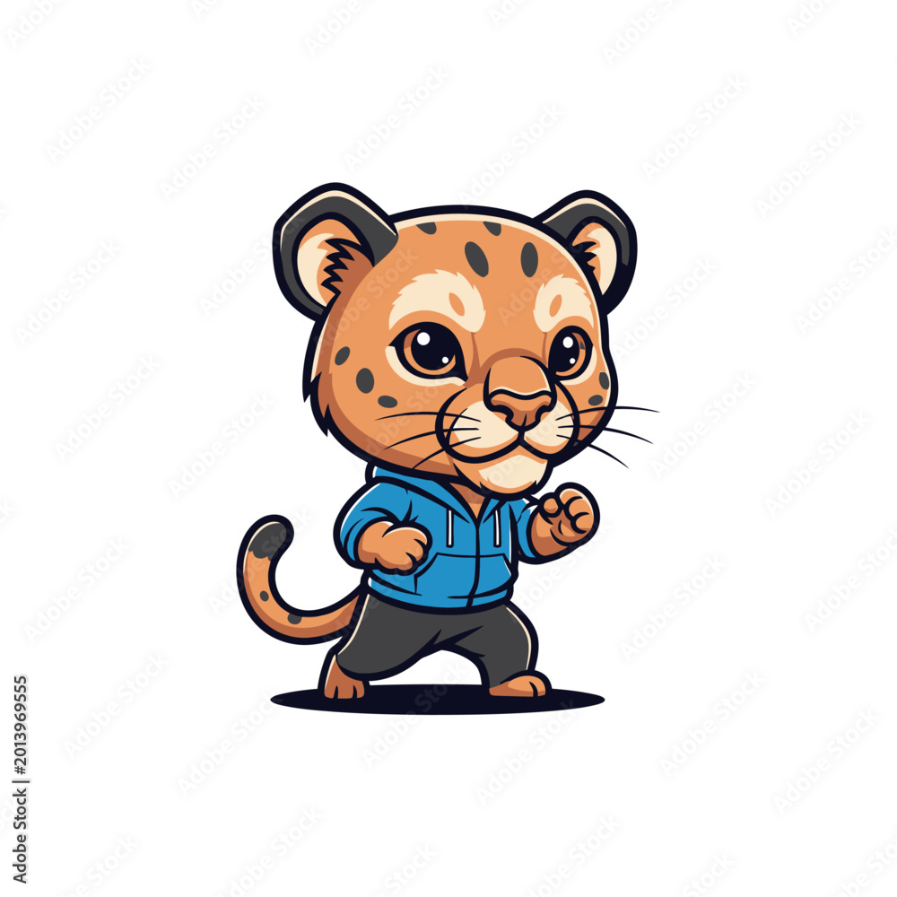 Fototapeta premium Vector illustration of a cute cartoon puma cub character with spotted orange fur wearing a blue hoodie and black pants, standing in a dynamic action pose on a white background.
