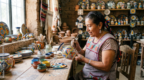 Mexican Artisan Painting Colorful Ceramic Pottery in Workshop