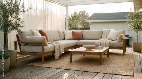 A modern outdoor living space featuring a large sectional sofa with neutral cushions, a wooden coffee table, and potted plants on a wooden deck.
