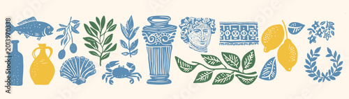 Bilde på lerret Mediterranean linocut set: fish, olive branch, shell, crab, Greek column, ancien