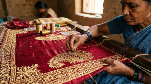 Sari Embroidery by Indian Artisan with Gold Thread and Craftsmanship