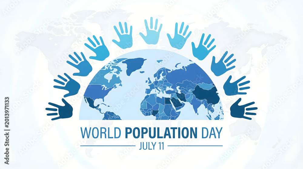 Naklejka premium World population day july 11 earth surrounded by hands