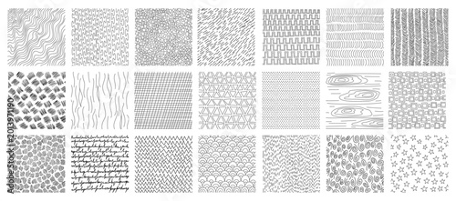 Hand-drawn crosshatch patterns with organic lines and pencil textures vector illustration set. Sketch-style hatching creates depth through diagonal strokes and cross-line shading techniques.