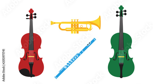 Tableau sur toile Colorful Musical Instruments: Violin, Cello, Trumpet, Flute on White Background