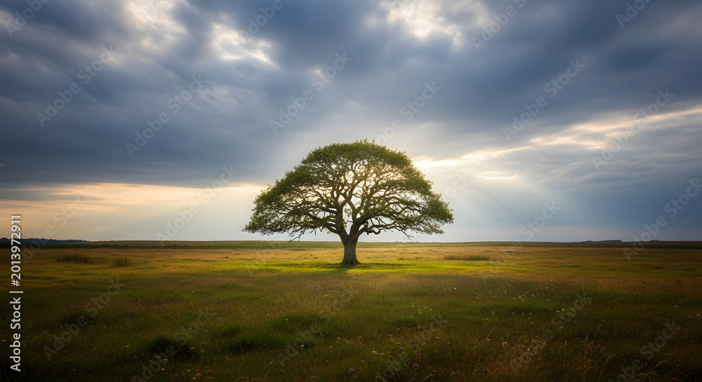 Fototapeta premium A lonely tree stands as a silhouette against a dramatic sunset sky over a rural field meadow at dusk