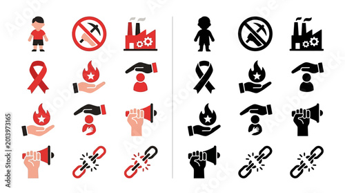 Quadro su tela Set of icons representing social issues like child labor, human rights, and protest