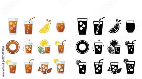 Obraz na płótnie Collection of refreshing iced tea drinks with lemon and ice, presented in both color and silhouette versions